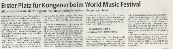 Erster Platz für Köngener bei World Music Festival